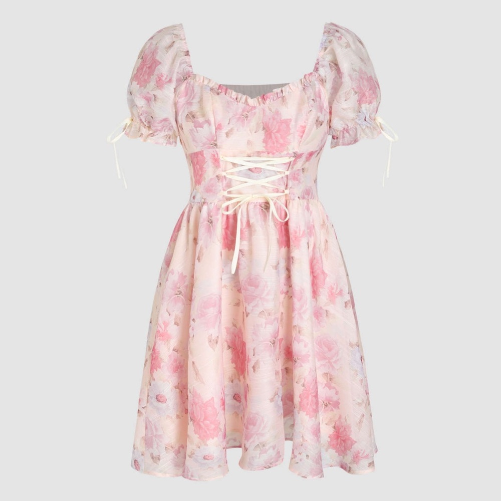 SOLD NWT Cottagecore Cider Floral Lace Up Puffy Sleeve With Bows Mini Dress XL